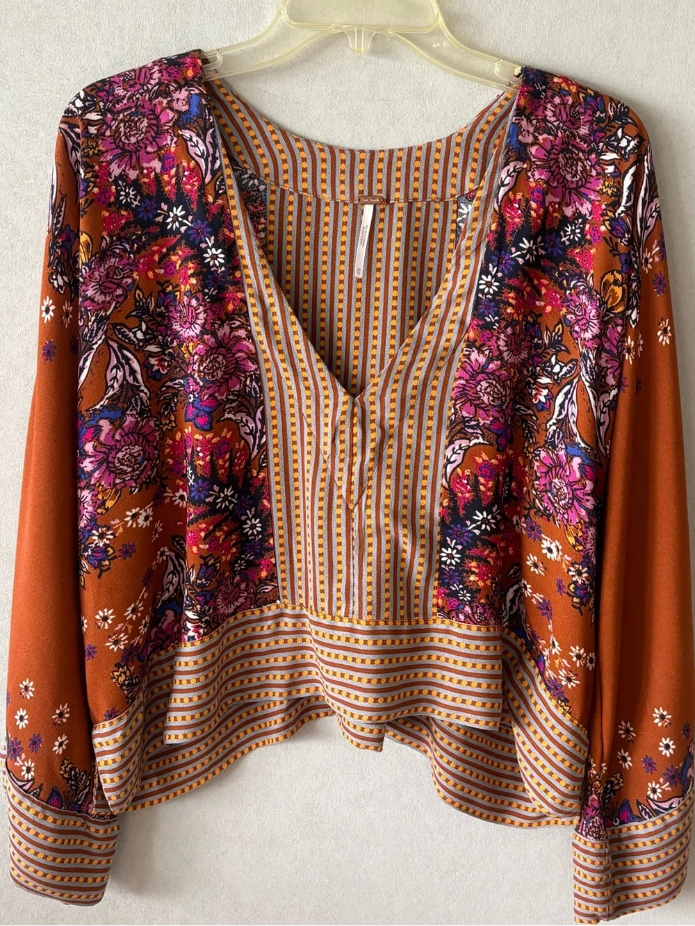 Free People Rust Floral V-Neck Tunic with Pink Accents XS